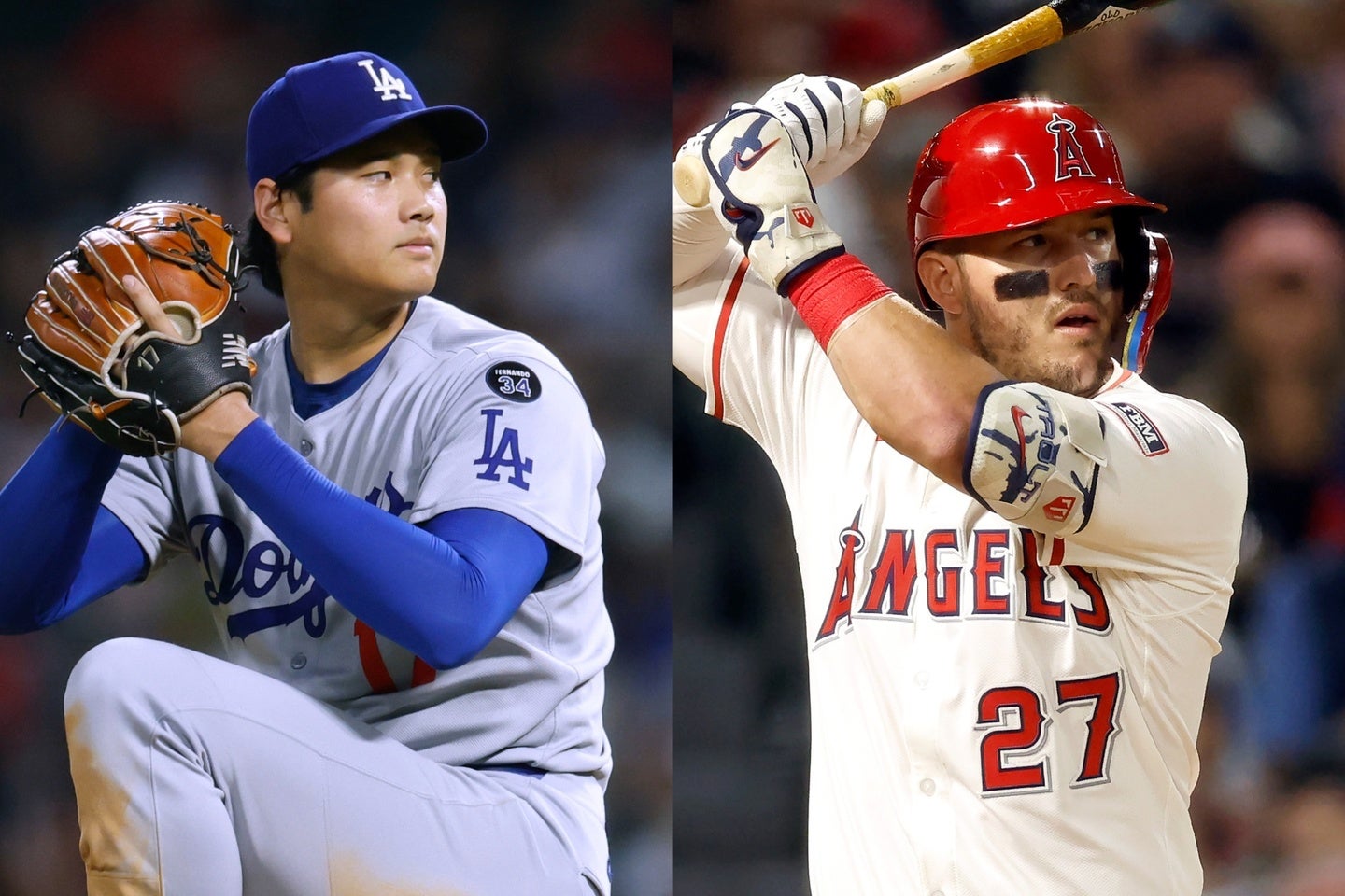 メジャーで初対戦した大谷（左）とトラウト（右）。軍配は大谷に上がった。(C)Getty Images