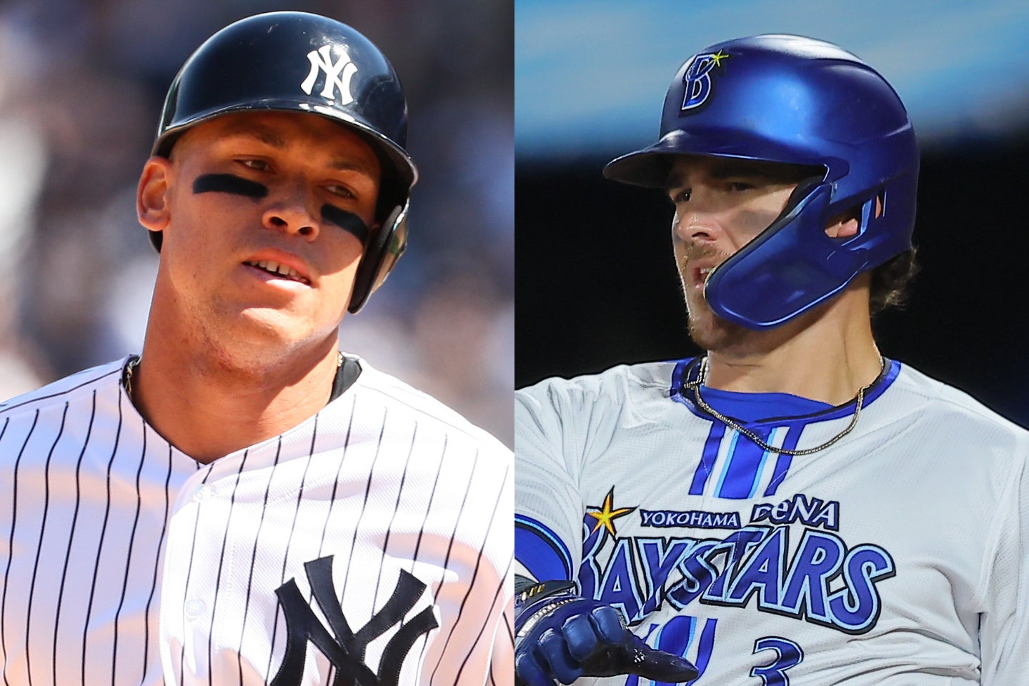 ９年前に揃ってMLBデビューを果たしたジャッジ（左）とオースティン（右）。写真：福冨倖希、Getty Images