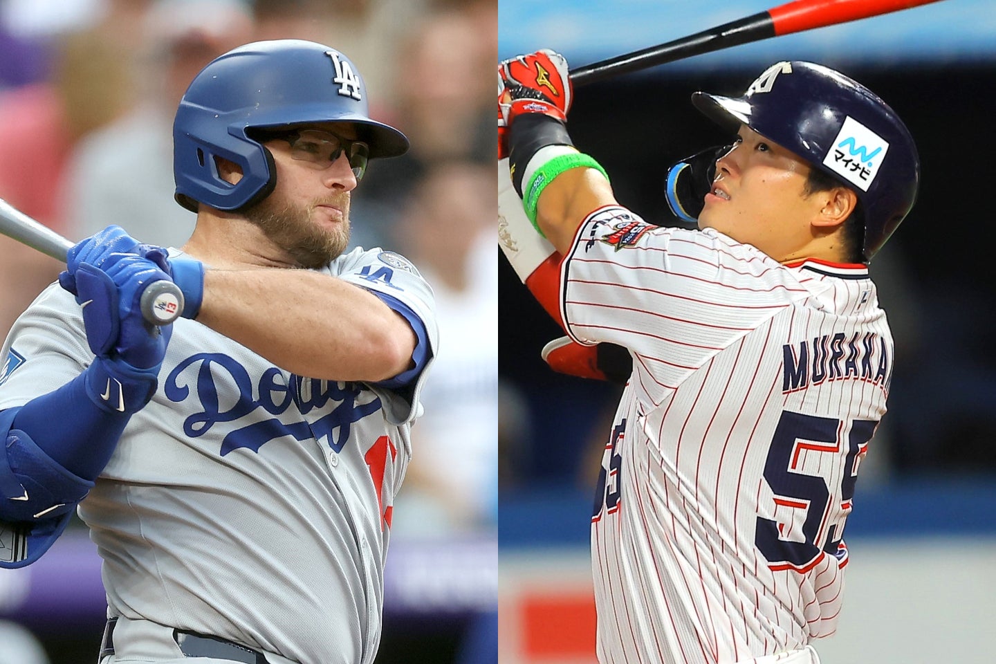 ドジャースの三塁を守るマンシーと、MLB挑戦を表明しているヤクルトの村上。写真：福冨倖希、(C)Getty Images