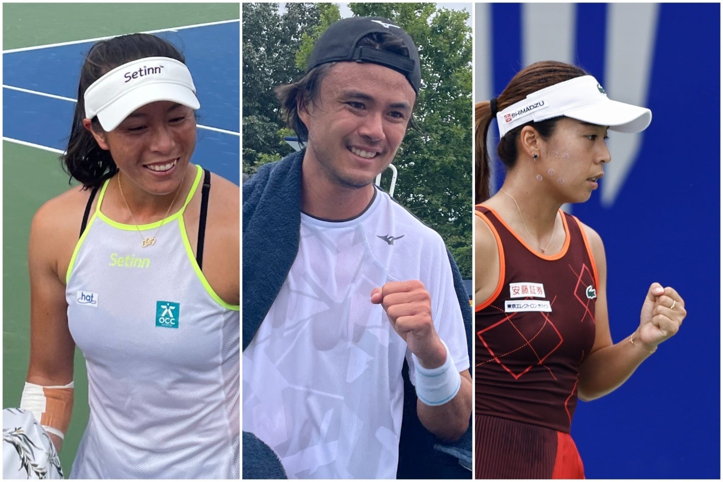 全米オープン予選初日は、柴原（左）、ダニエル（中央）、本玉（右）の日本勢３選手が１回戦をクリアし、本戦出場に向けて好スタートを切った。写真：内田暁、Getty Images