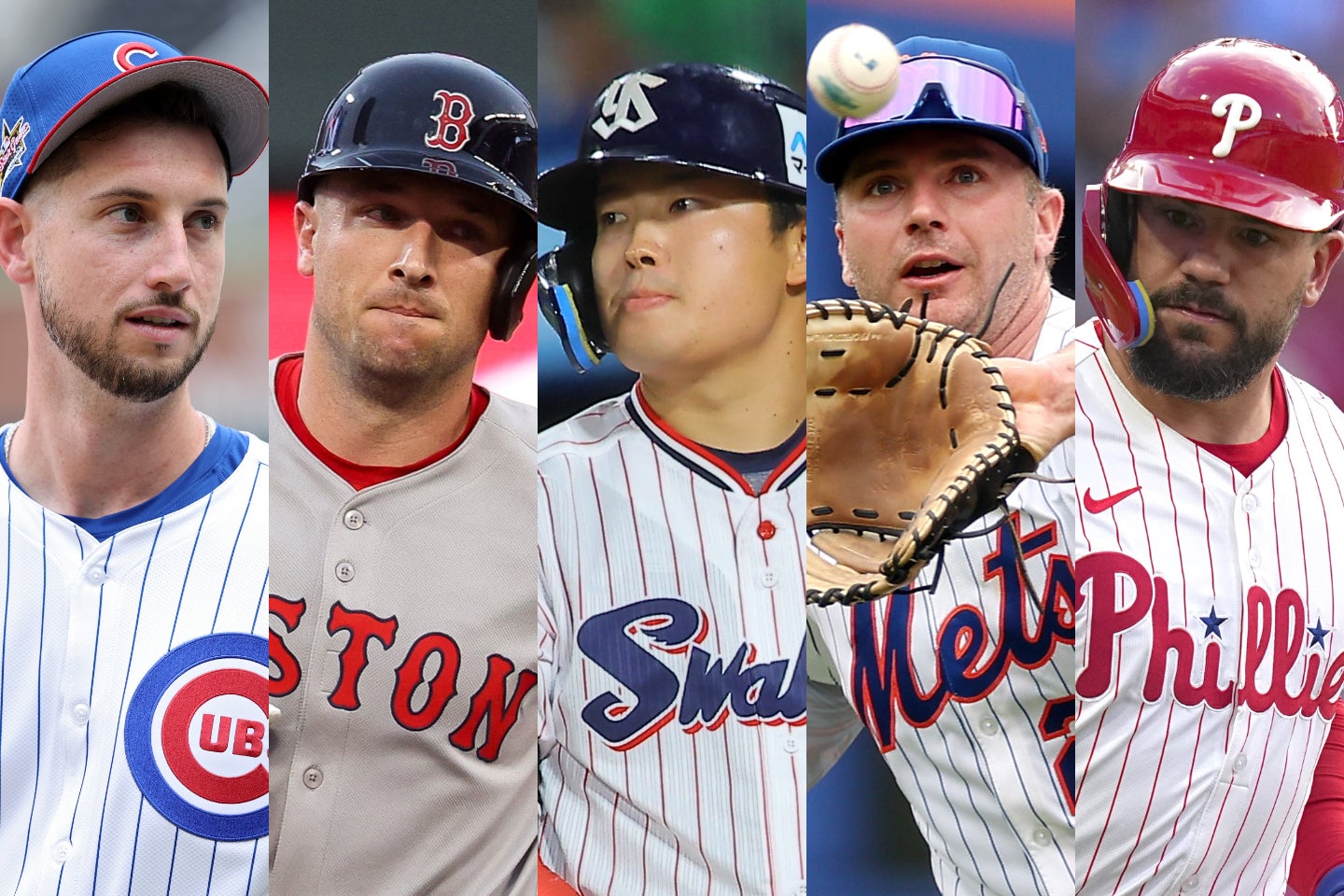 （左から）タッカー、ブレグマン、村上、アロンソ、シュワーバーらが、今オフ注目のFA選手に挙がっている。写真：福冨倖希、(C)Getty Images