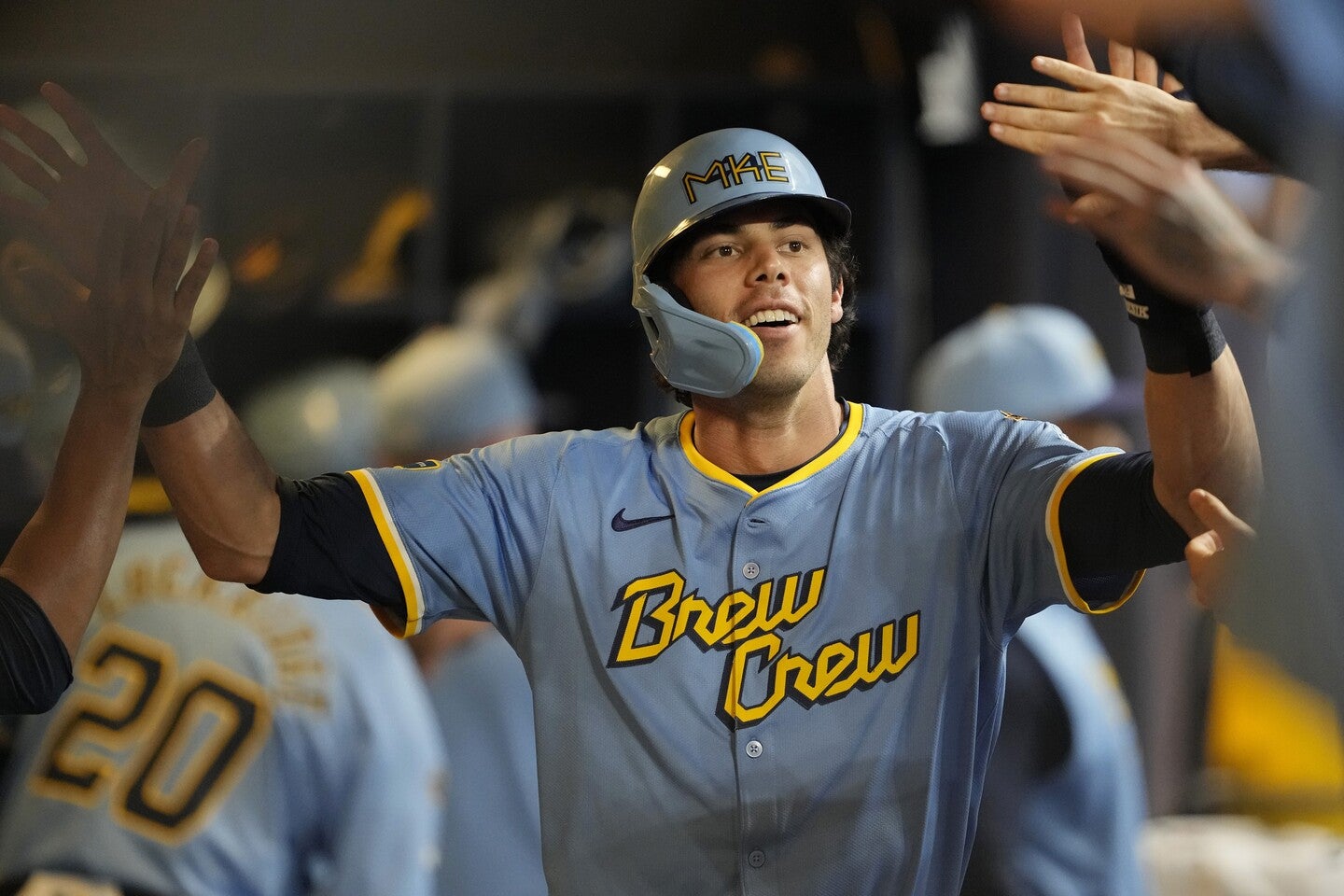 18年にMVPに輝いたイェリッチ。マーリンズ時代はイチローに師事していたことでも知られる。写真：GETTY IMAGES