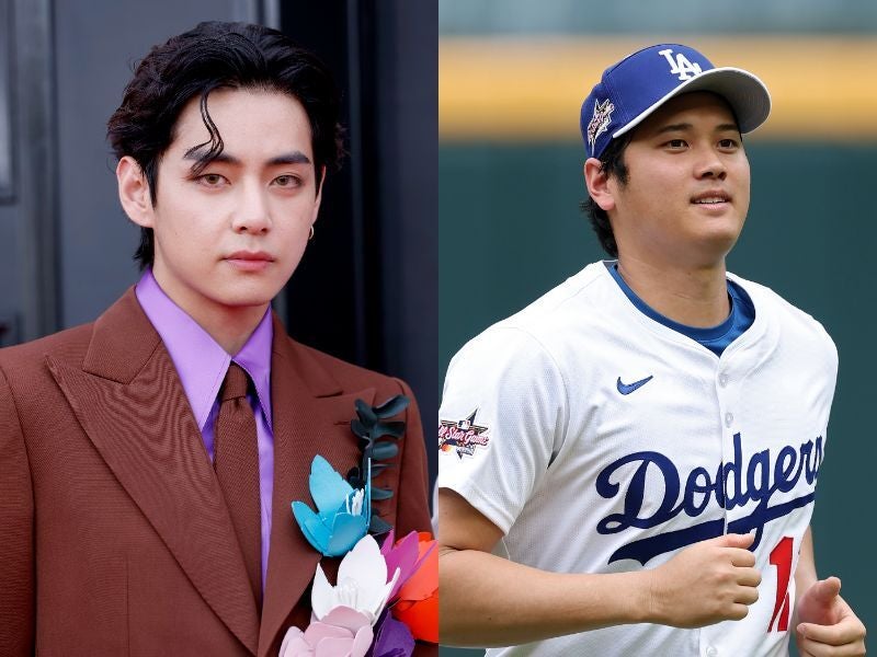 ドジャー・スタジアムで大谷翔平（右）と対面した世界的人気グループ「BTS（防弾少年団）」のVさん（左）。(C)Getty Images