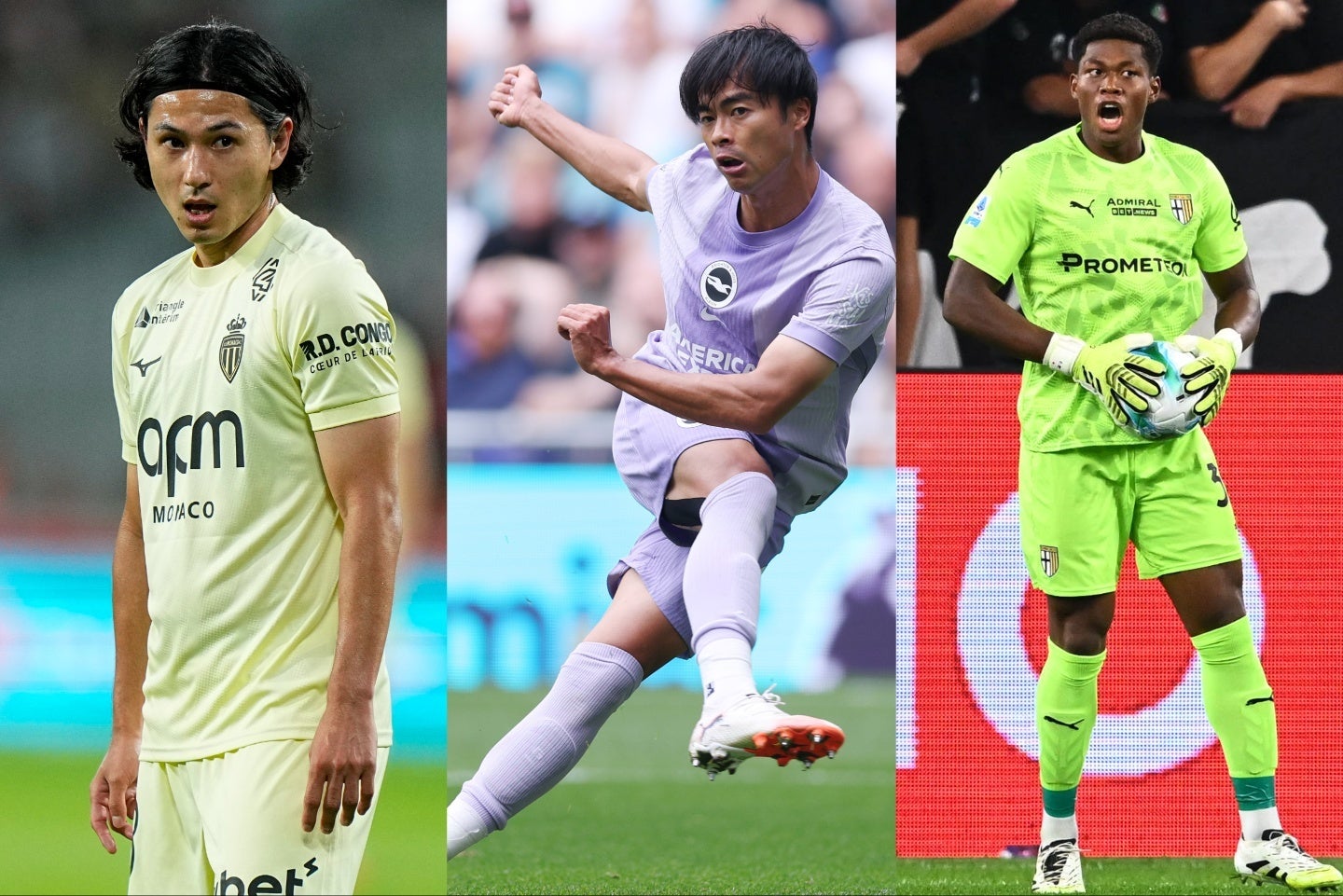 （左から）モナコの南野、ブライトンの三笘、パルマの鈴木。(C) Getty Images