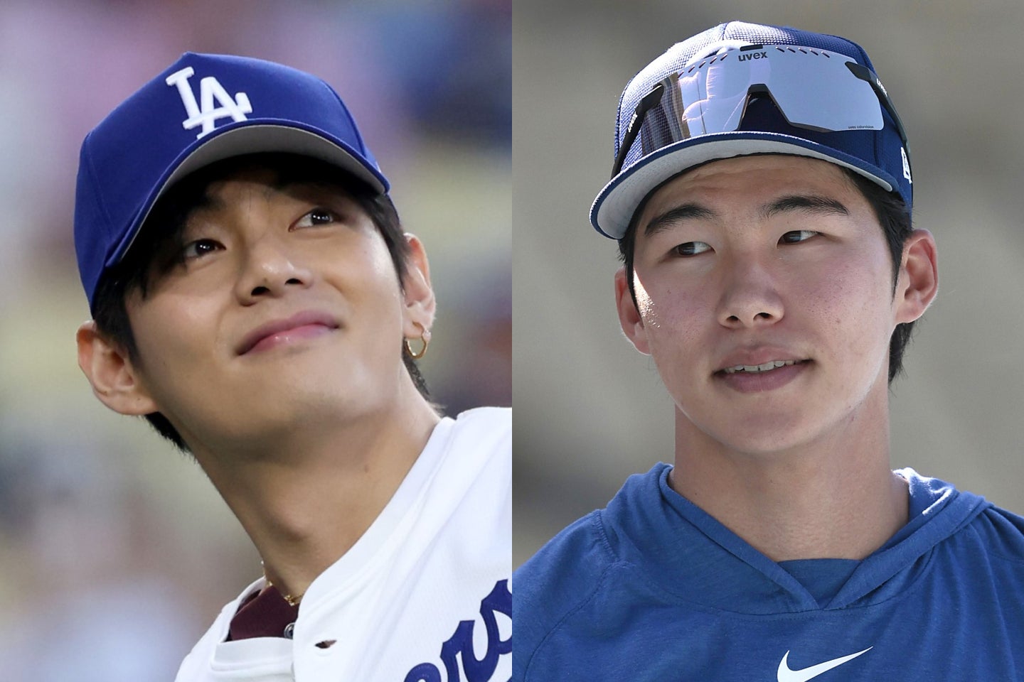 ドジャー・スタジアムで始球式を行なったVさん（左）。大役を務める前に、ドジャース所属で現在は3Aオクラホマでリハビリ中のキム・ヘソン（右）と言葉をかわしていた。(C)Getty Images