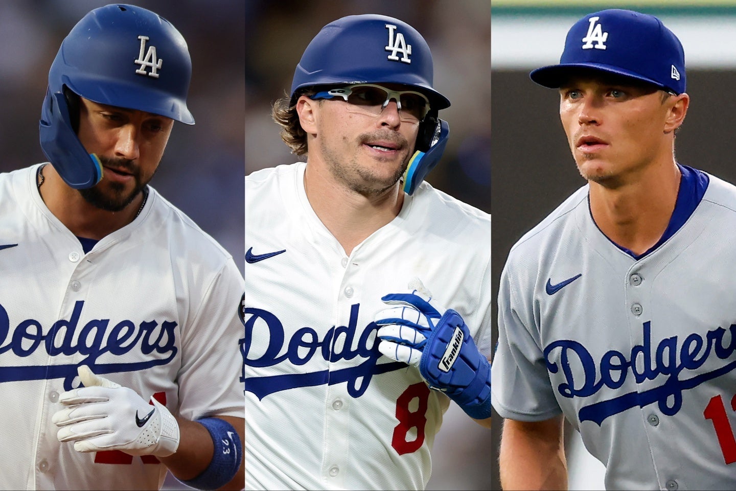 ドジャースの左翼問題。左からコンフォート、ヘルナンデス、コール。(C)Getty Images