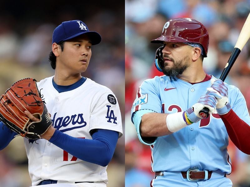 ナ・リーグMVP争いで激突するドジャースの大谷翔平（左）とフィリーズのシュワーバー（右）。（C）Getty Images
