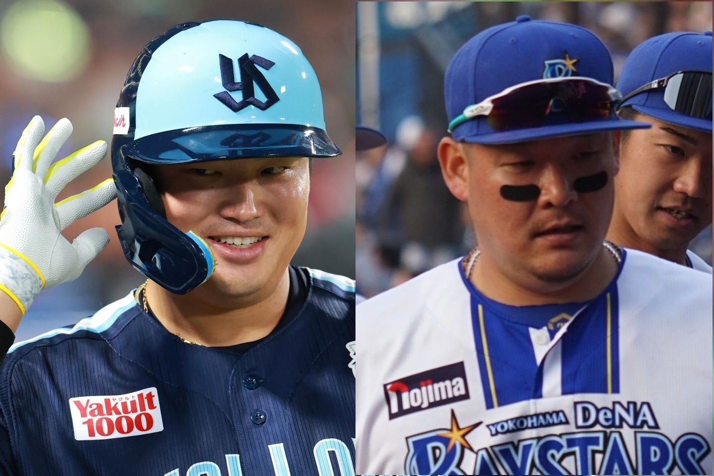 同日に１試合３発となる12、13、14号を放った村上と筒香。写真：産経新聞社（村上）／萩原孝弘（筒香）