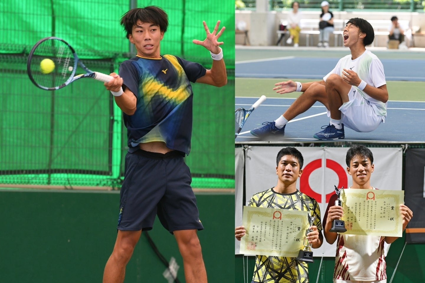 インカレ男子シングルスを制した岩本晋之介（左）。勝利の瞬間、コートに崩れ落ちた（右上）。単準優勝の田中佑は松永朔太郎とのダブルスで雪辱のＶ（右下）。写真：スマッシュ編集部