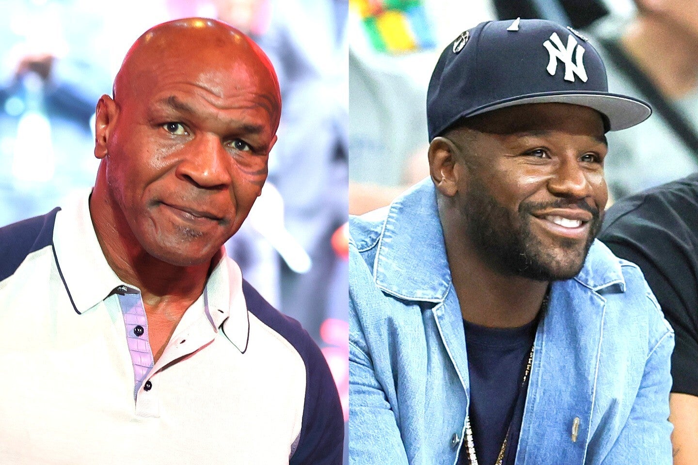 来年春にリング上で拳を交えるタイソン（左）とメイウェザー（右）。(C) Getty Images