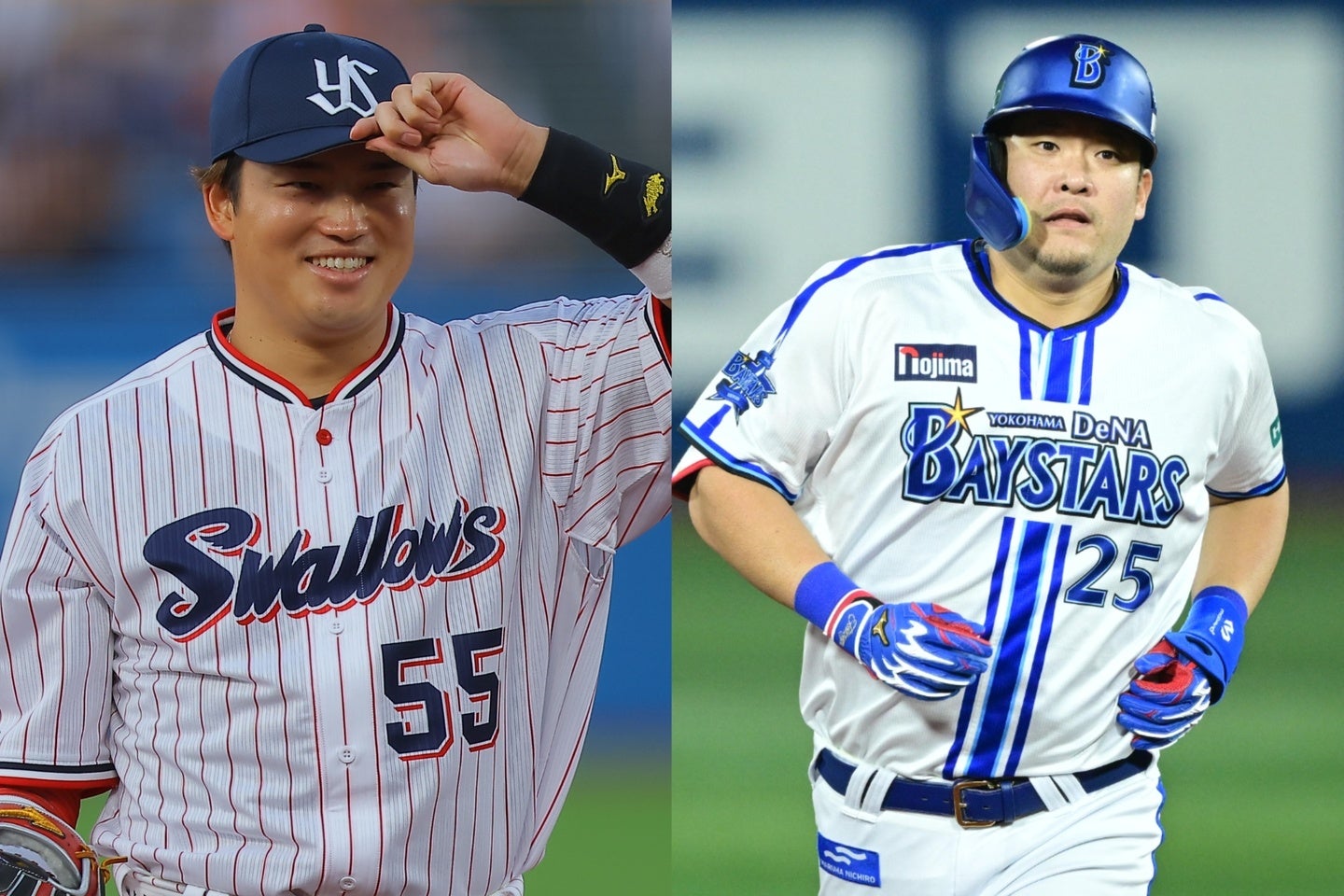 村上（左）と筒香（右）は試合中に遊び心あるゲームをしていた。(C)THE DIGEST