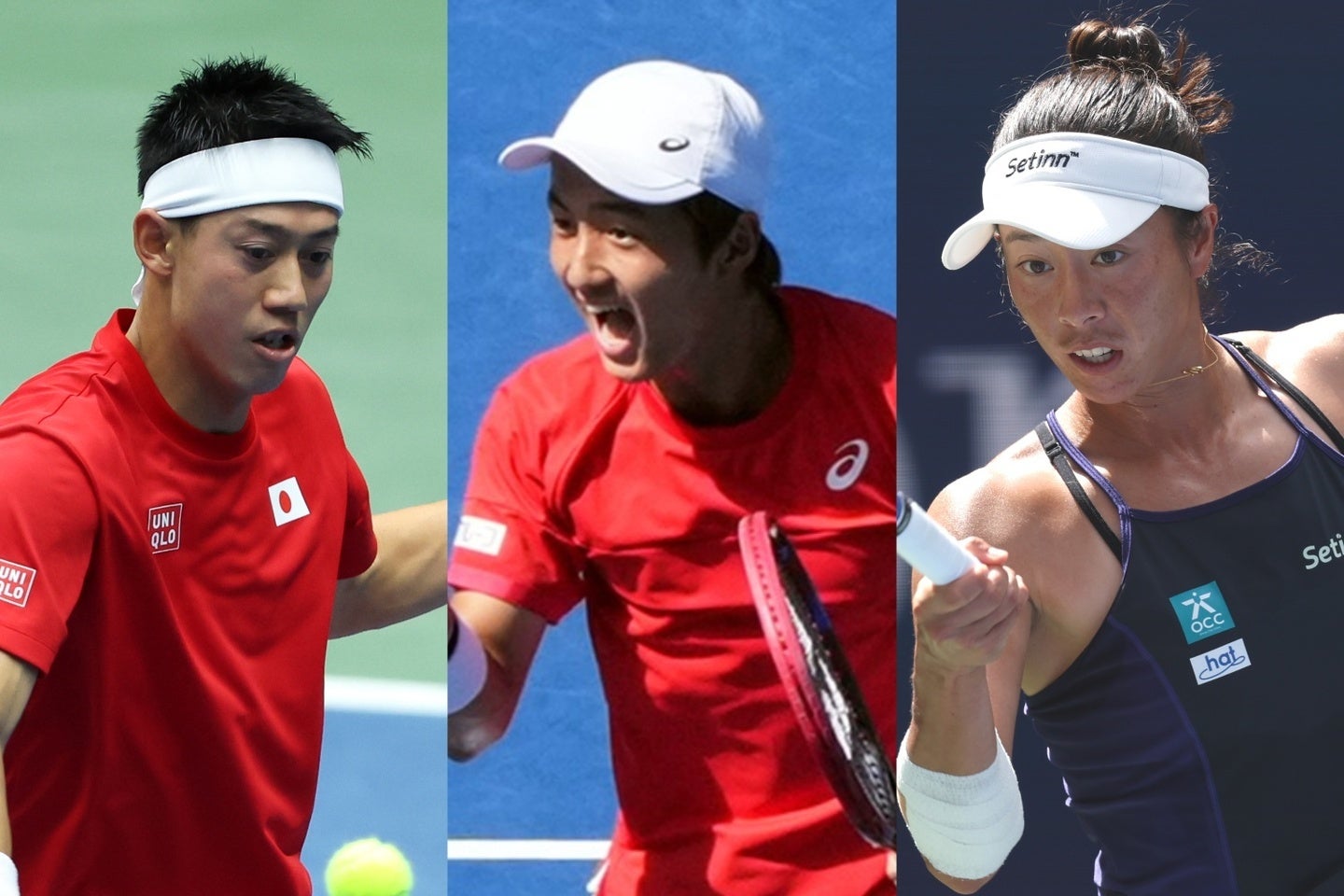 錦織（左）や望月（中）ら代表組は有明でデ杯、柴原（右）は女子ツアーのグアダラハラで本戦出場を目指す。（C）Getty Images