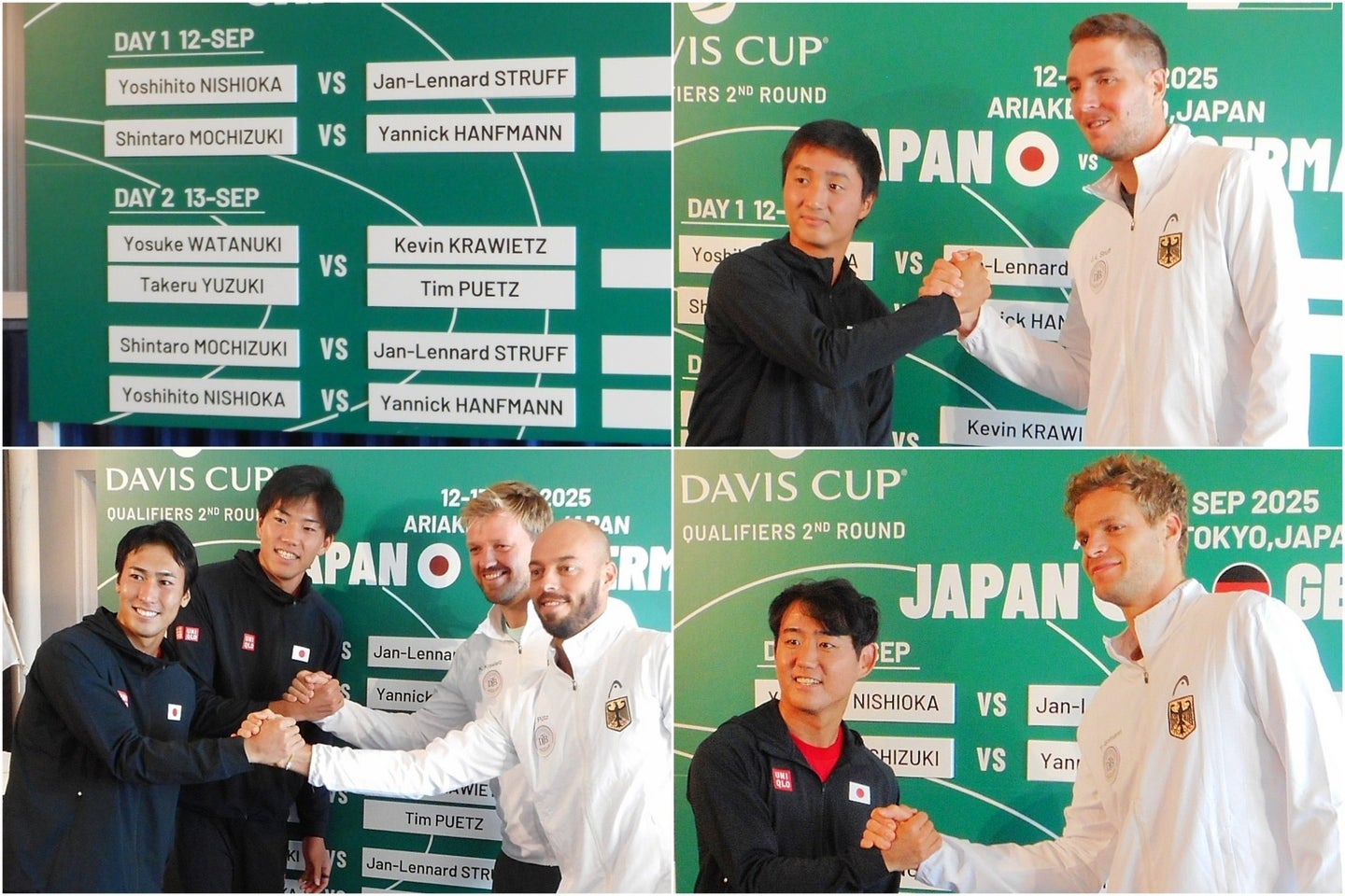 （左上から時計回りに）日本対ドイツ戦の組み合わせ抽選結果→シングルスNo.１同士→シングルスNo.２同士→ダブルス対戦ペア。写真：スマッシュ編集部