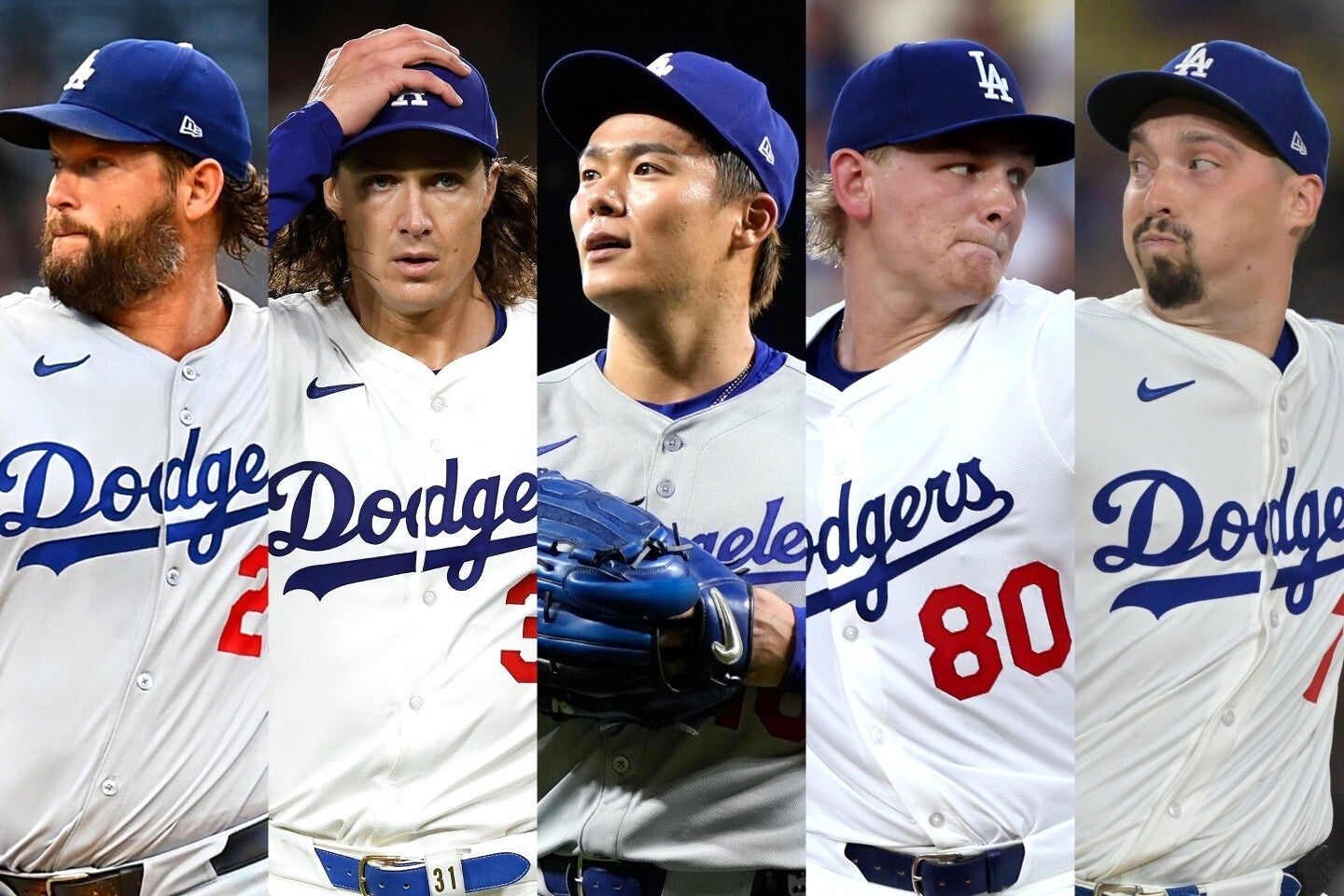 1900年以降MLB初の快挙を成し遂げたドジャース先発陣。（左から）カーショウ、グラスノー、山本、シーハン、スネル。(C) Getty Images