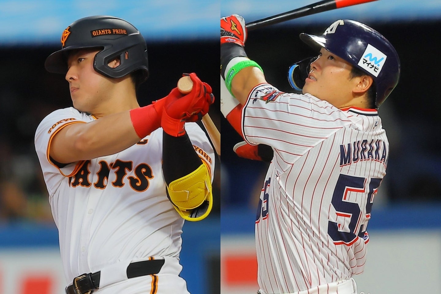 今オフにメジャー挑戦する可能性がある選手として、米メディアが注目してるのは岡本（左）と村上（右）ら。写真：福冨倖希