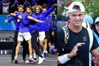 昨年のレーバーカップで勝利を決め歓喜する欧州選抜（左）。今年初出場するルネ（右）も「すごくクールなイベント」と開幕を心待ちにしている。(C)Getty Images