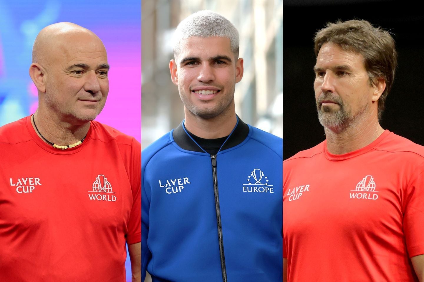 男子団体戦のレーバーカップで世界選抜を率いる名手アガシ（左）とラフター（右）が、若き世界王者アルカラス（中）の魅力について語った。(C)Getty Images