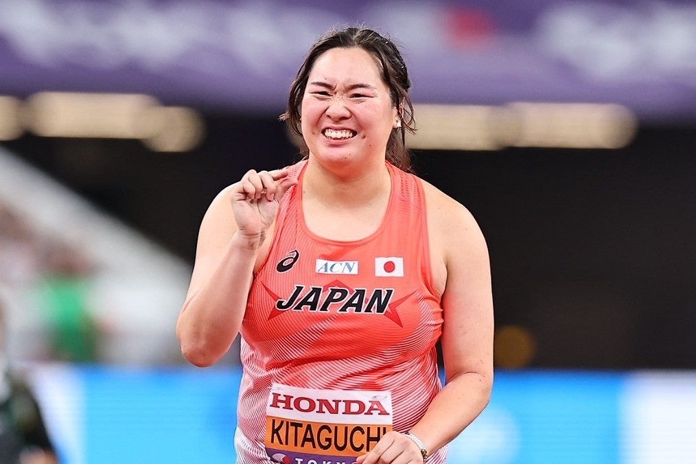 １投目で60メートルを超えた北口。「あと少し」とジェスチャー。写真：梅月智史（THE DIGEST写真部）