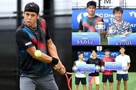 写真左：SBCドリーム国際を制した内田海智。写真右上：優勝の内田（左）と準優勝の白石（右）。写真右下：複優勝の齋藤／山中、準優勝の大岐／ビツウンテアン（左から）。(C)SBC Dream Tennis Tour／長浜功明