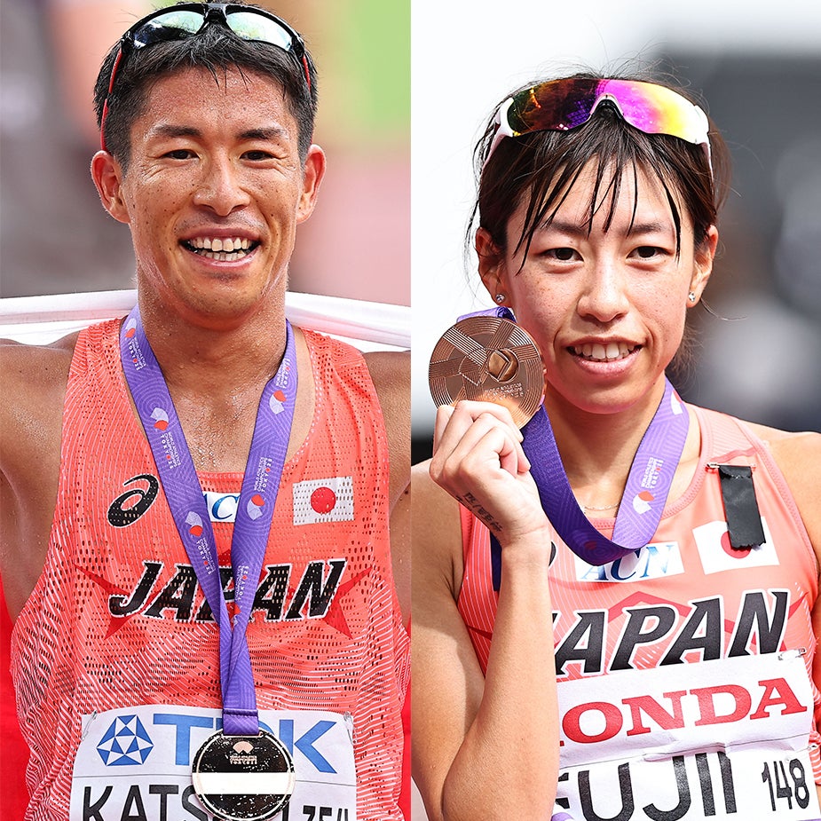 競歩で銅メダルを獲得した勝木（左）と藤井（右）。写真：梅月智史（THE DIGEST写真部）
