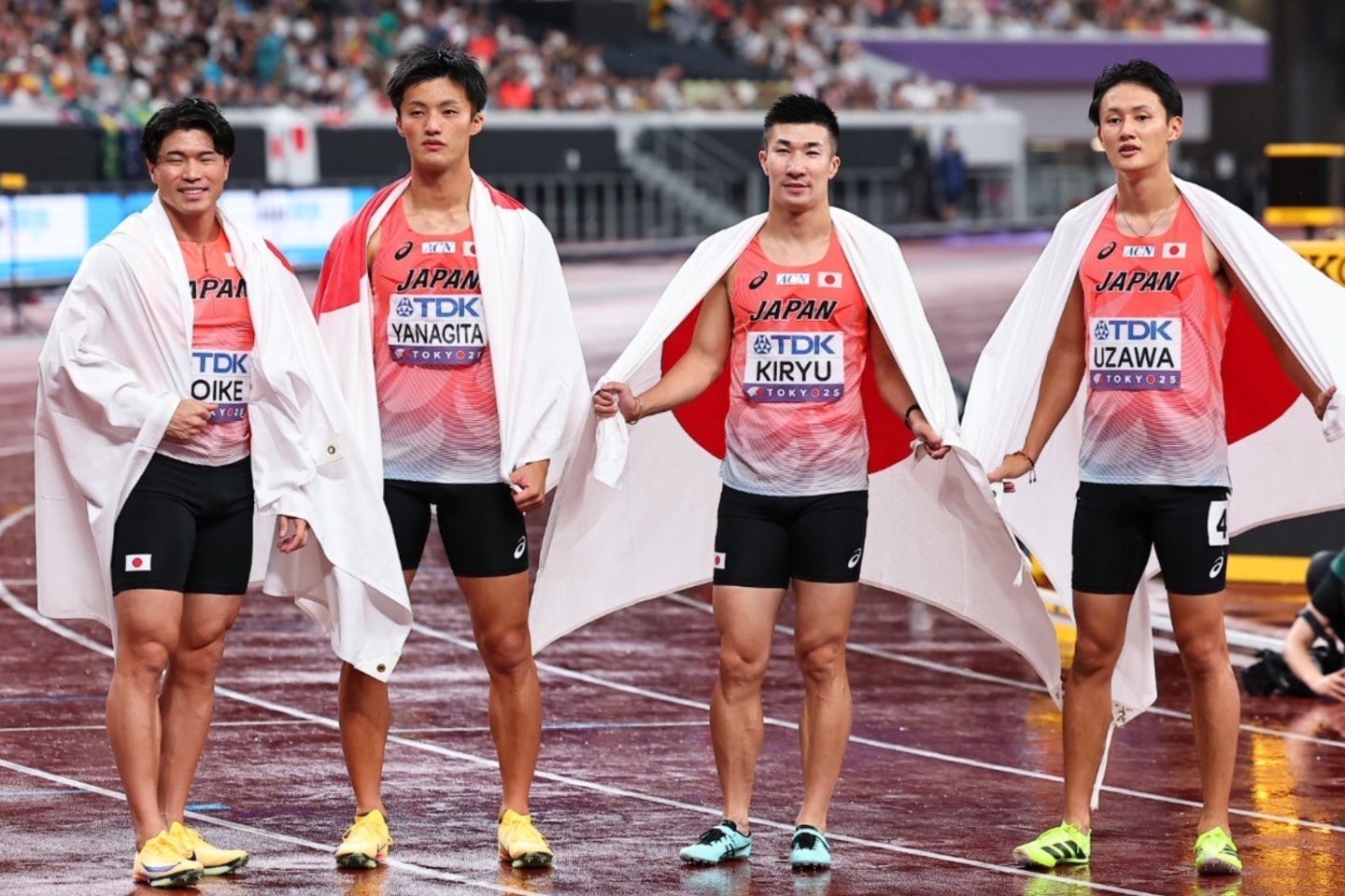 日本は６位入賞。左から小池、栁田、桐生、鵜澤でバトンをつないだ。写真：梅月智史（THE DIGEST編集部）
