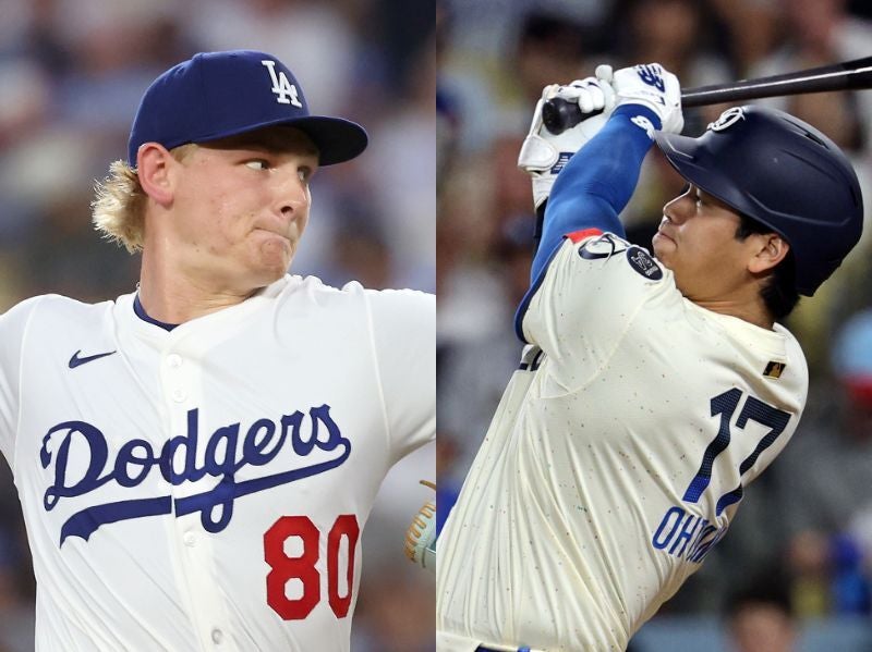 ９試合連続安打を放ったドジャースの大谷翔平（右）と好投を披露した先発シーハン（左）。(C) Getty Images