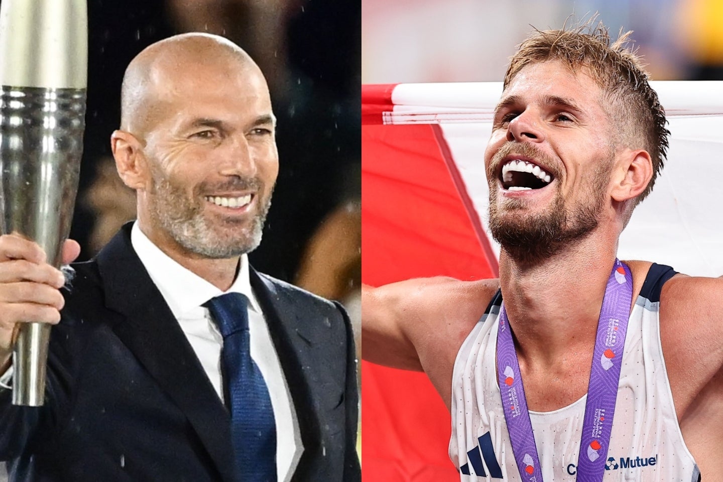 男子１万mで金メダルを獲得したフランス選手グレシエ（右）が、憧れのジダン（左）に祝福された。写真：梅月智史（THE DIGEST写真部）、(C)Getty Images