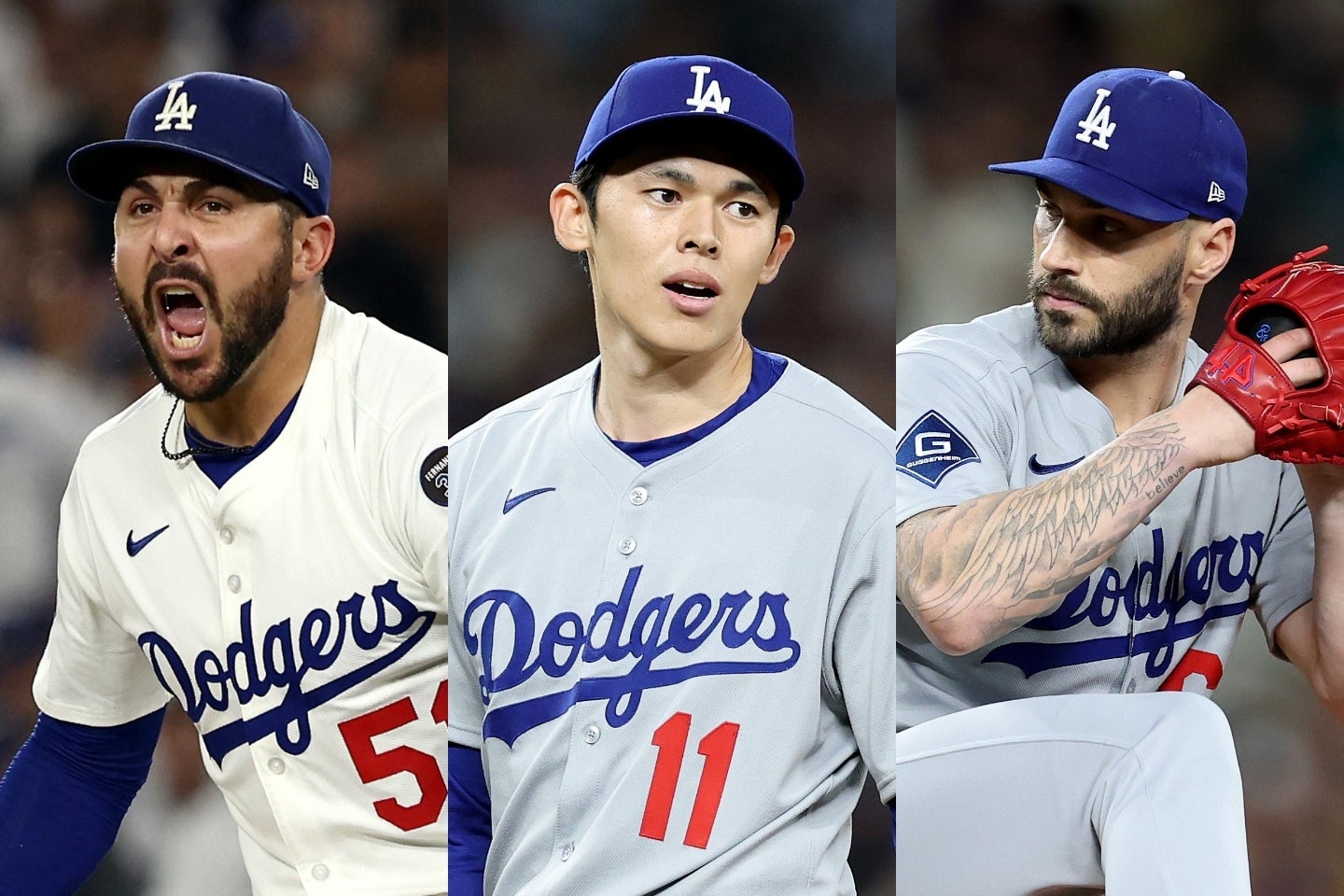 地元メディアがワイルドカード・シリーズに臨むドジャース投手陣の登録メンバーを予想。（左から）ベシア、佐々木、スコットらが入るとした。(C)Getty Images