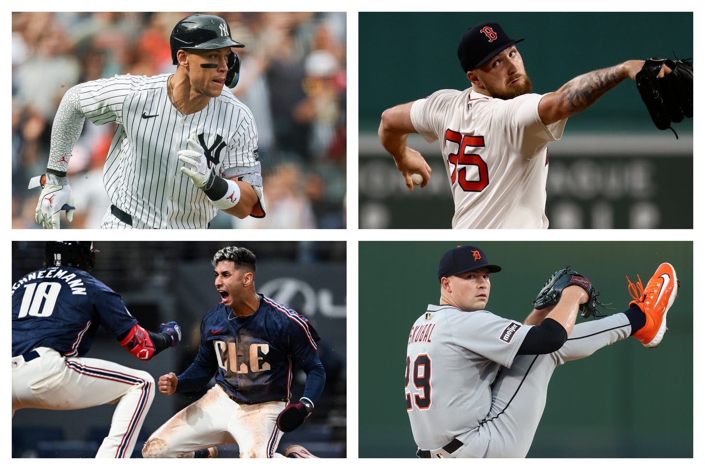 ジャッジ(左上)とクローシェイ(右上)の対決、スクーバル(右下)はガーディアンズ(左下)を止められるか...ア・リーグのワイルドカード・シリーズも見どころ盛りだくさんだ。(写真)GETTY IMAGES