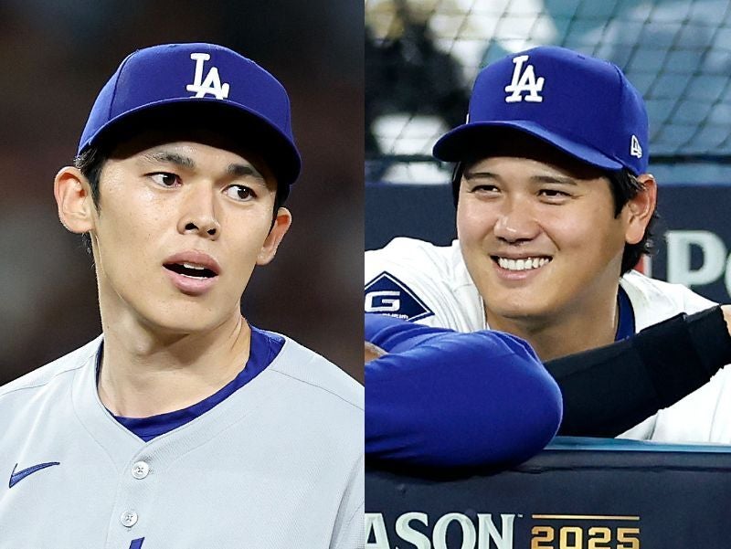 レッズ戦でクローザーとして活躍した佐々木（左）。地区S第１戦で先発予定の大谷（右）とのエピソードを明かした。(C)Getty Images