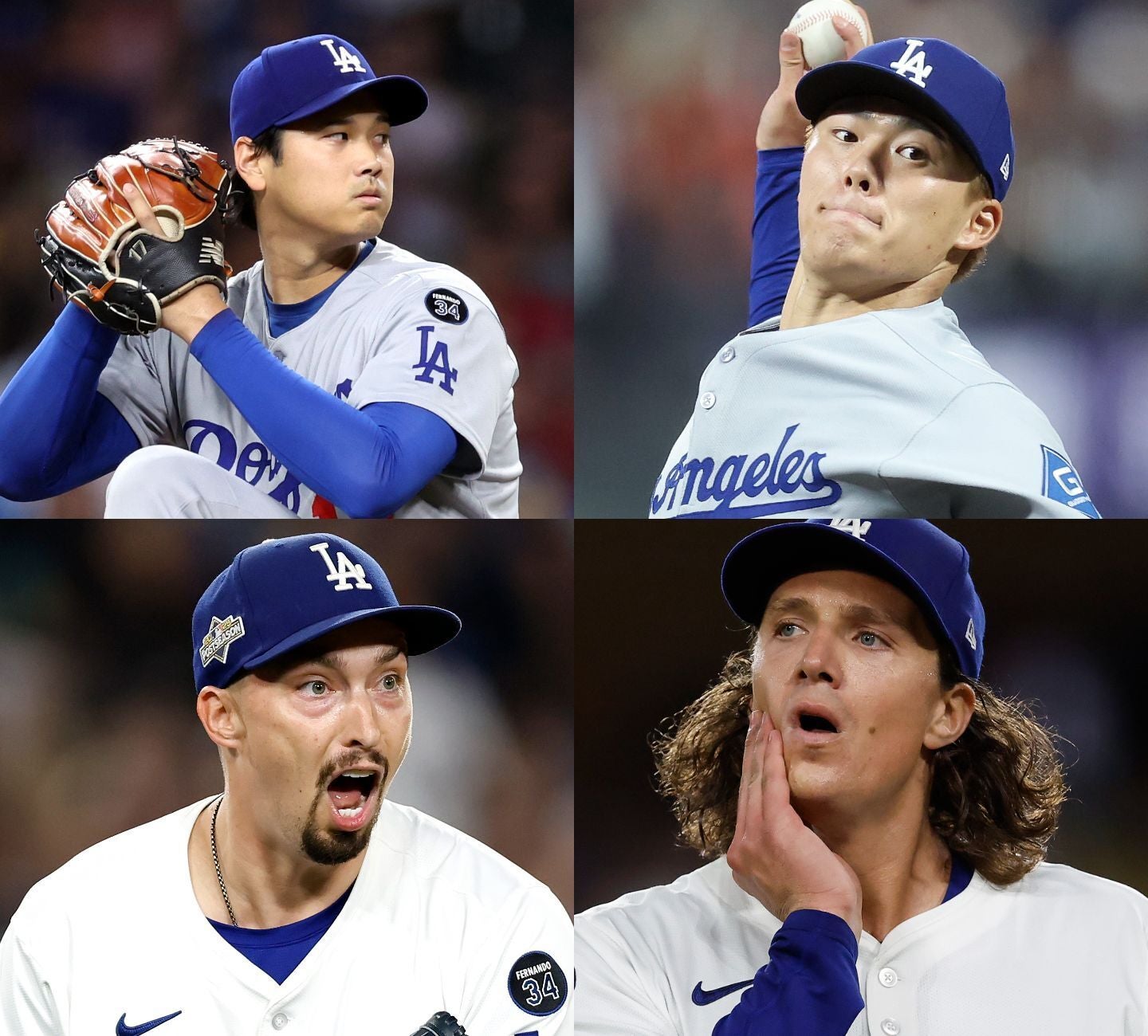 フィリーズとの地区Sに臨むドジャース先発ローテが明らかになった。左から時計回りに大谷、山本、グラスノー、スネル。(C)Getty Images