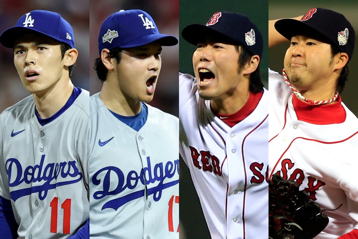 フィリーズ戦に先発した大谷（左から２人目）が勝ち投手になり、佐々木（左）がセーブを記録。2013年にはレッドソックスの田澤（右）が勝利投手となって上原（右から２人目）がセーブを記録した。(C)Getty Images