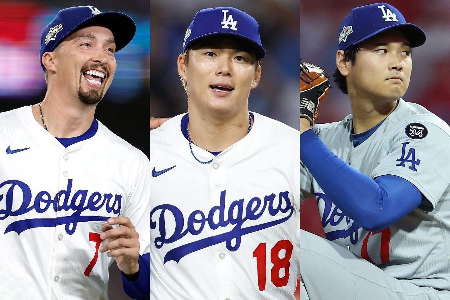 球団史上初めての快挙を成し遂げたスネル（左）、山本（中央）、大谷（右）。(C) Getty Images