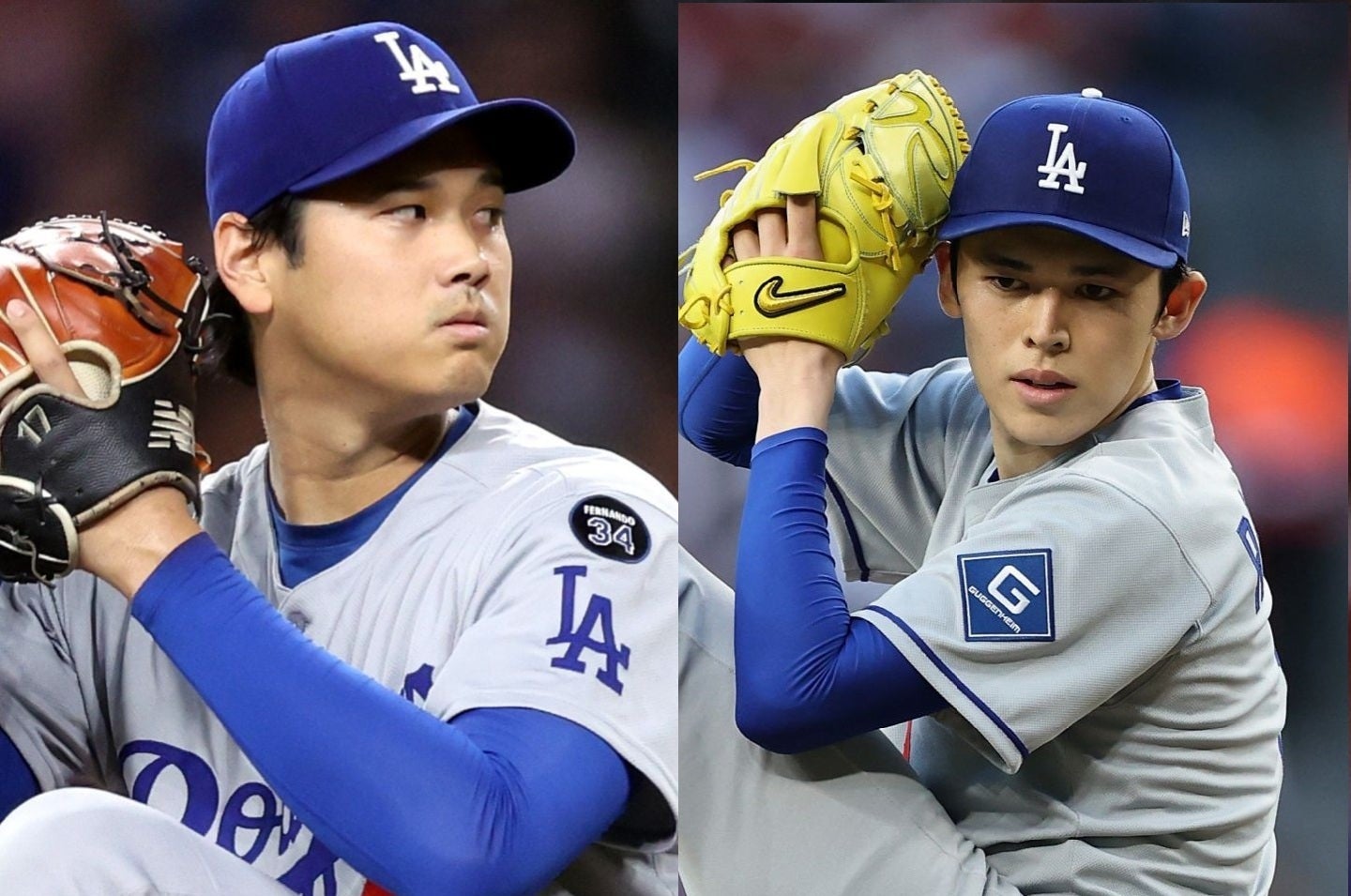 フィリーズとの地区シリーズ第１戦で勝利投手となった大谷（左）とセーブをマークした佐々木（右）。(C) Getty Images