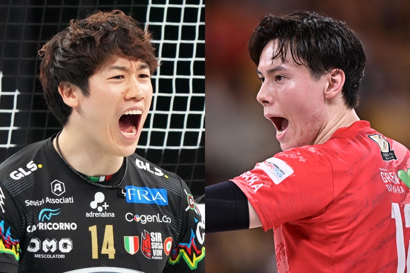 ペルージャの石川祐希（左）とサントリーの高橋藍（右）が日本で直接対決。写真：金子拓弥（THE DIGEST写真部）、(C)Getty Images