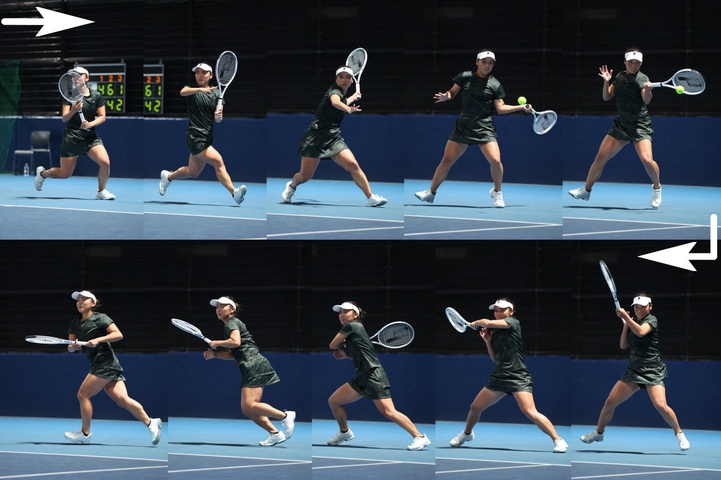 松田美咲プロが守備のフォアで意識しているのは、跳びながらボールを打ち（３～７コマ目）、着地でなるべく右足に乗ること（８～９）。その右足を蹴ると、戻るための左足を大きくクロスできる（10）。(C)THE DIGEST