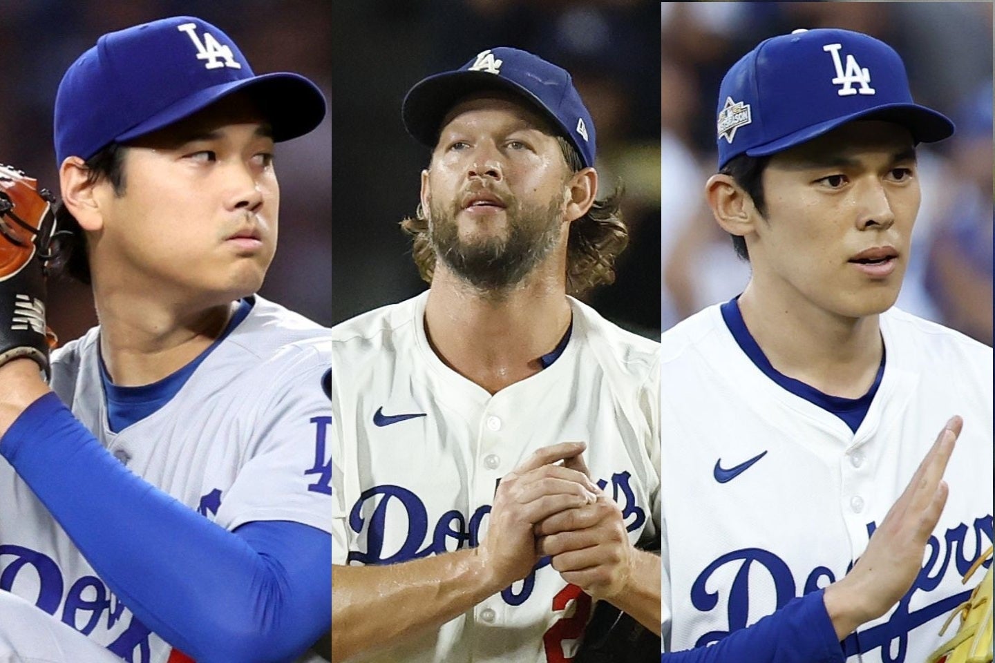 地区シリーズで登板した大谷（左）、カーショウ（中）、佐々木（右）。現地メディアの評価は？(C) Getty Images