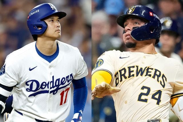 NLCSの告知に掲載された大谷（左）とコントレラス。（右）(C)Getty Images