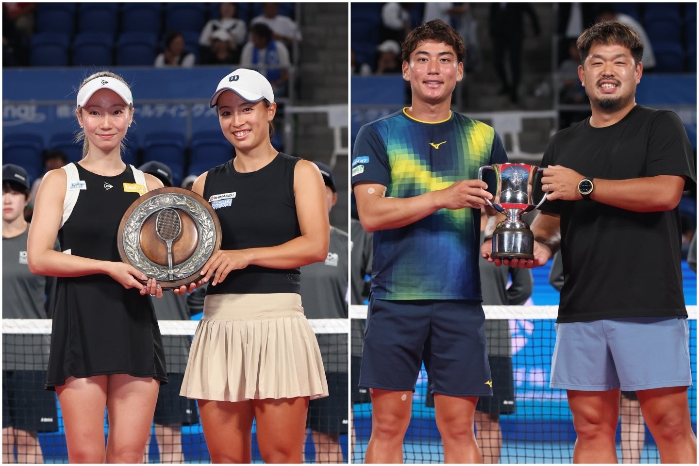 女子ダブルス優勝の小堀桃子／山﨑郁美ペア（写真左）、男子ダブルス優勝の田口涼太郎／野口政勝（写真右）。写真：滝川敏之