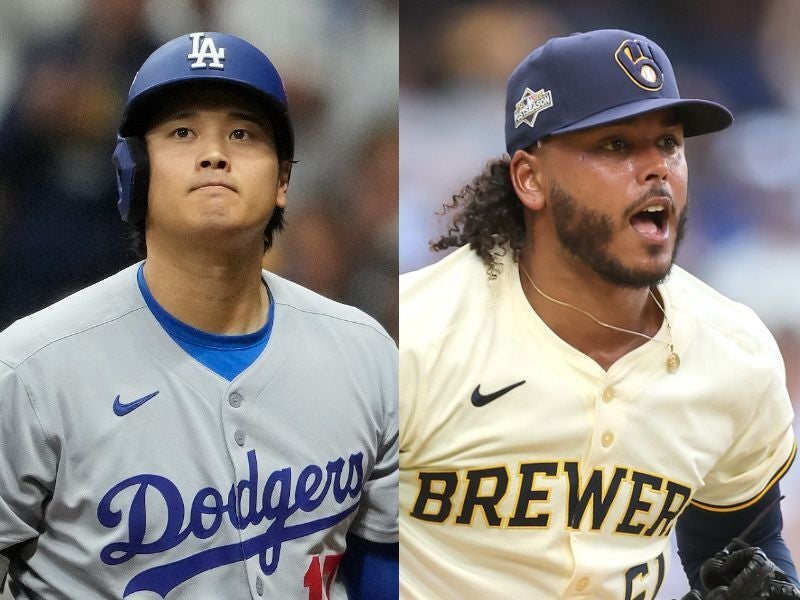 初回に大谷翔平（左）から２つの空振り三振を奪ったブルワーズのペラルタ（右）。(C) Getty Images