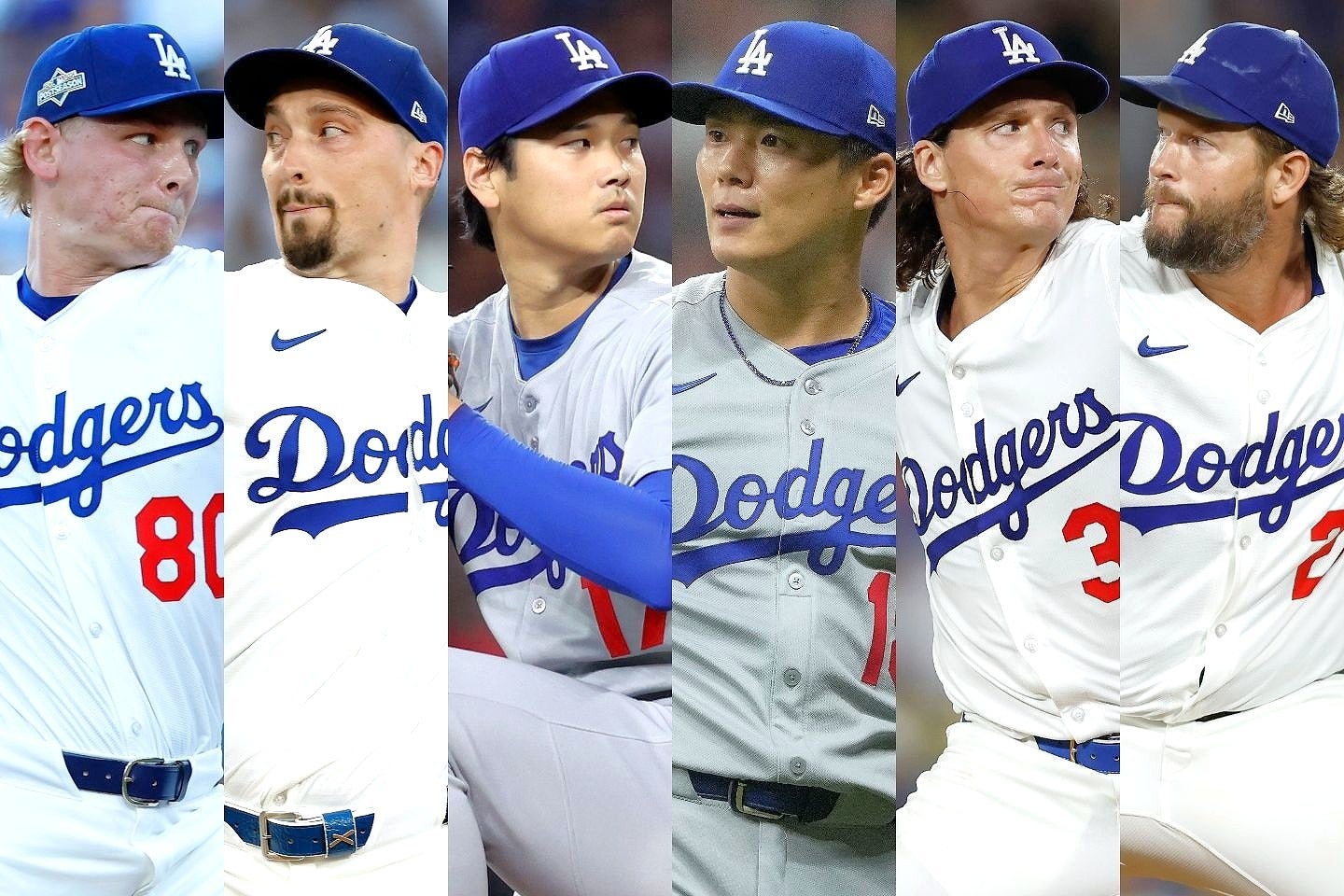 レギュラーシーズン終盤からチームをけん引する先発投手陣。左からシーハン、スネル、大谷、山本、グラスノー、カーショウ。(C) Getty Images