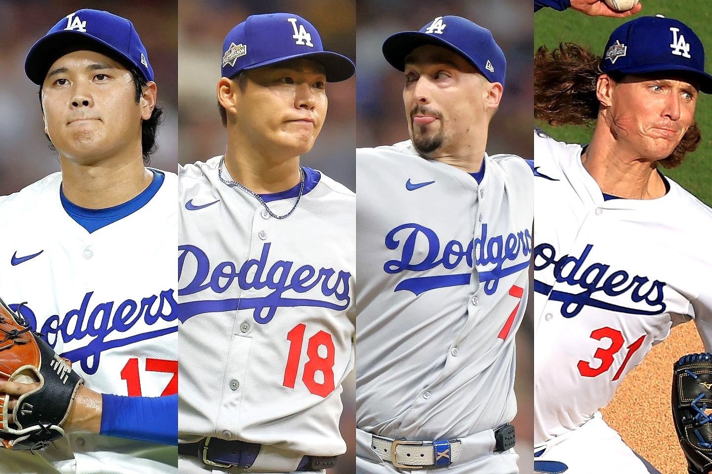左から大谷、山本、スネル、グラスノー。PSでチームをけん引するドジャースの先発４本柱だ。(C) Getty Images