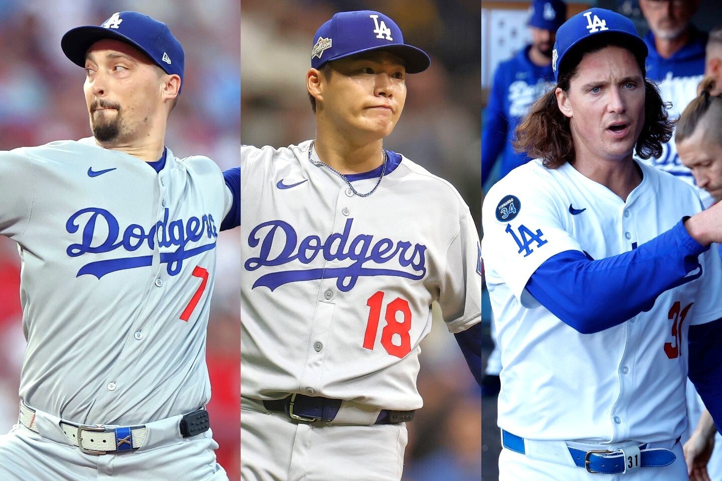 左からスネル、山本、グラスノー。直近４戦での先発登板でPS史上初の快挙を達成した。(C)Getty Images