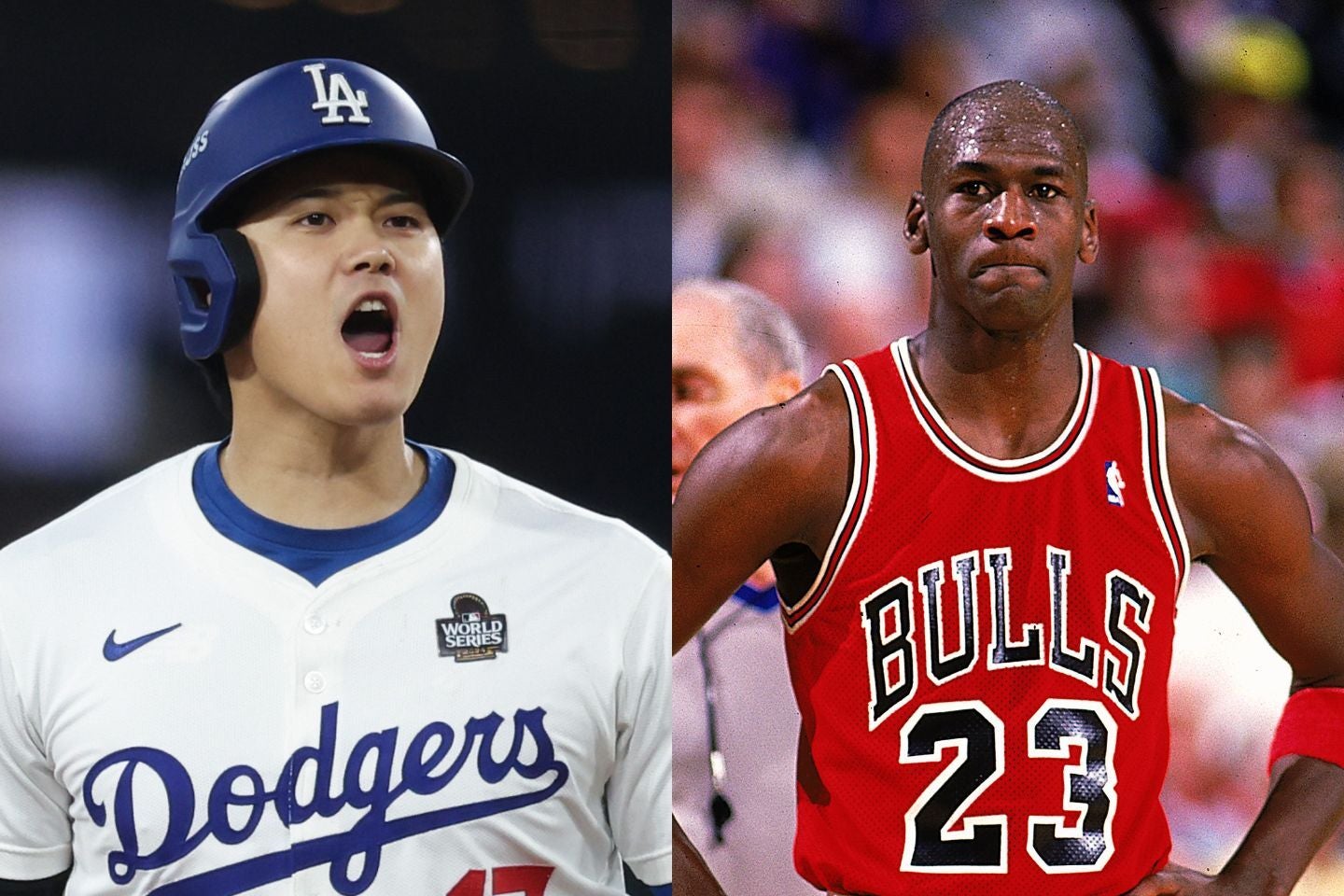 ド軍同僚が大谷（左）の存在はバスケ界の神様と称されたジョーダン（右）と変わらないと豪語した。(C)Getty Images