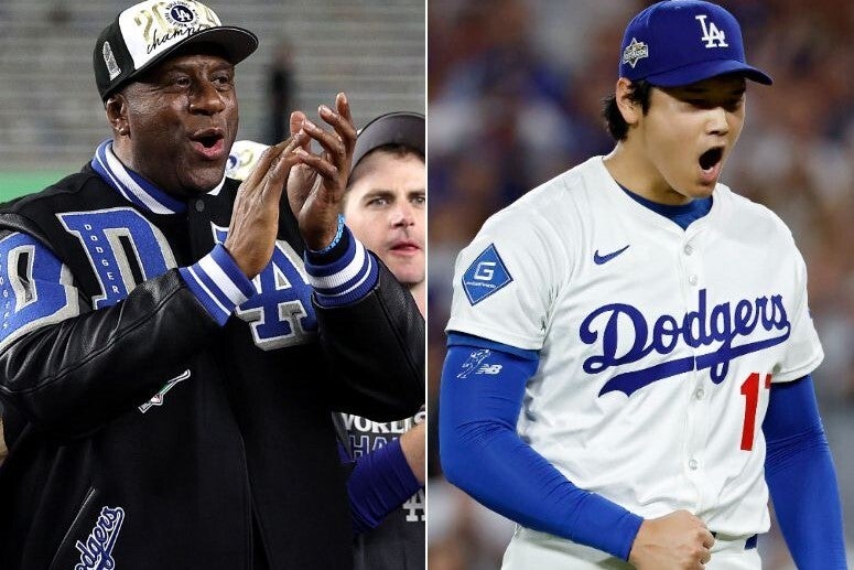 NBAレイカーズのレジェンドで、現在ドジャースの共同オーナーの1人でもあるマジック(左)が大谷を絶賛した。(C)Getty Images