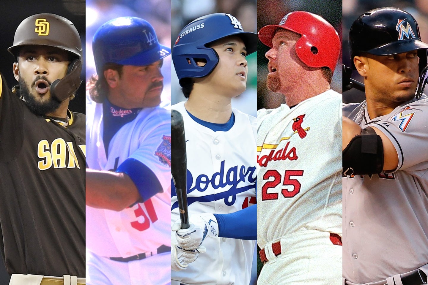 ドジャー・スタジアムで場外弾を放った（左から）タティースJr.、ピアッツァ、大谷、マグワイア、スタントン。(C)Getty Images