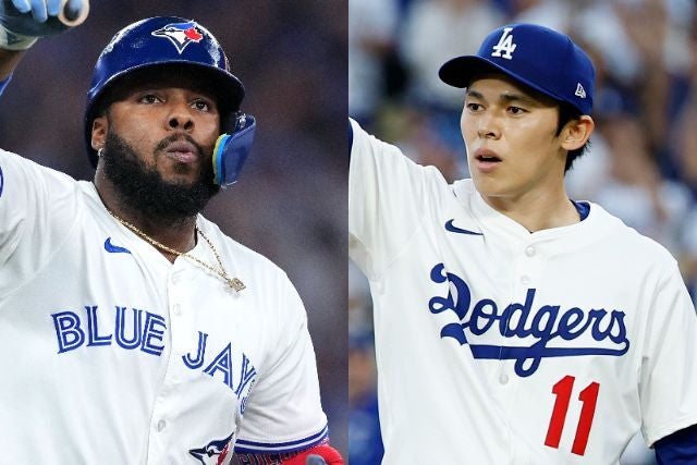 五十嵐氏が対決を期待するゲレーロJr.（左）と佐々木（右）。(C)Getty Images