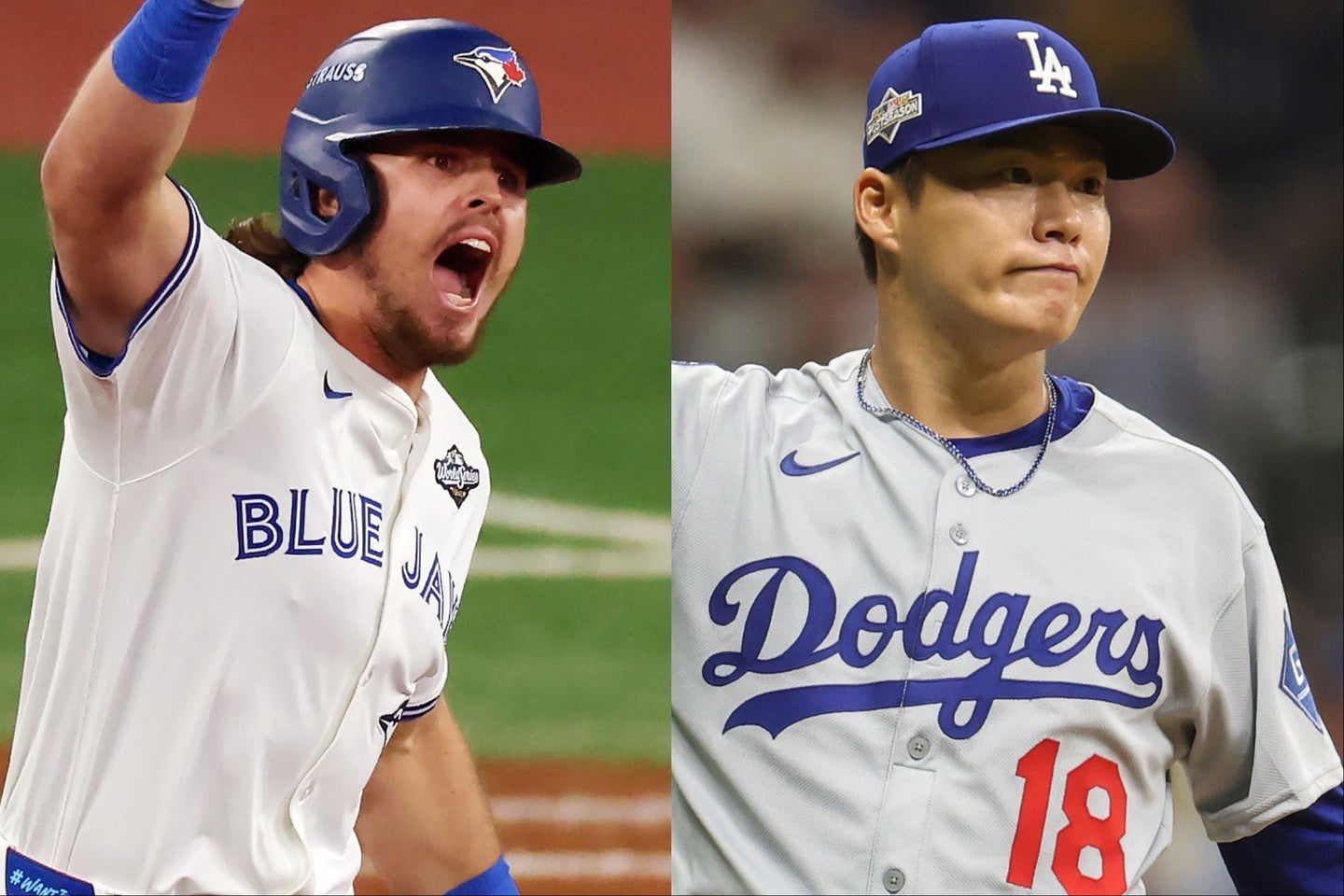 バーガー(写真左)のグランドスラムなど第1戦は11得点と爆発したブルージェイズ打線に、第2戦では山本(写真右)が相対する。(C)Getty Images