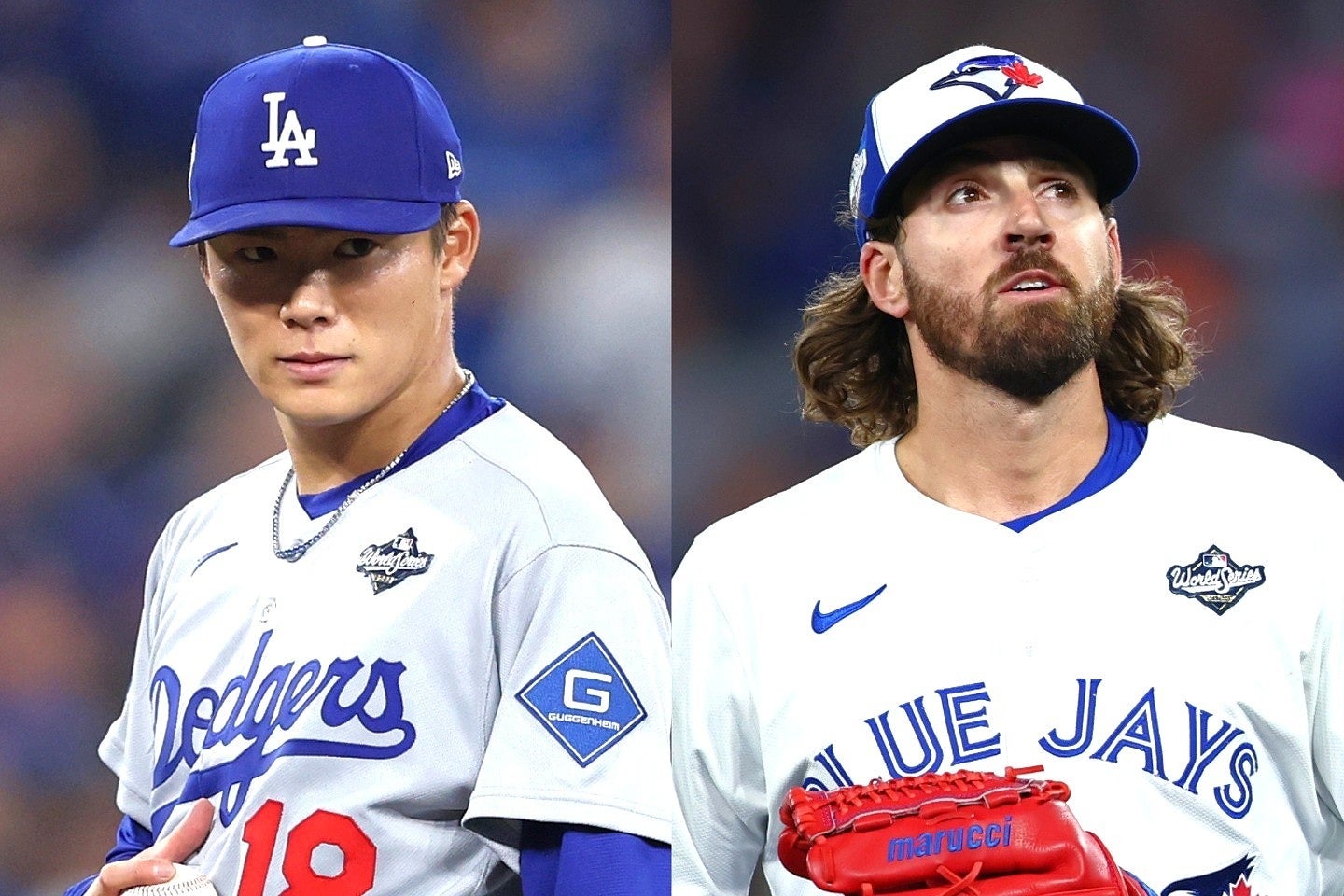20者連続アウトを奪った山本(左)と17者連続アウトを記録したゴーズマン(右)。(C)Getty Images