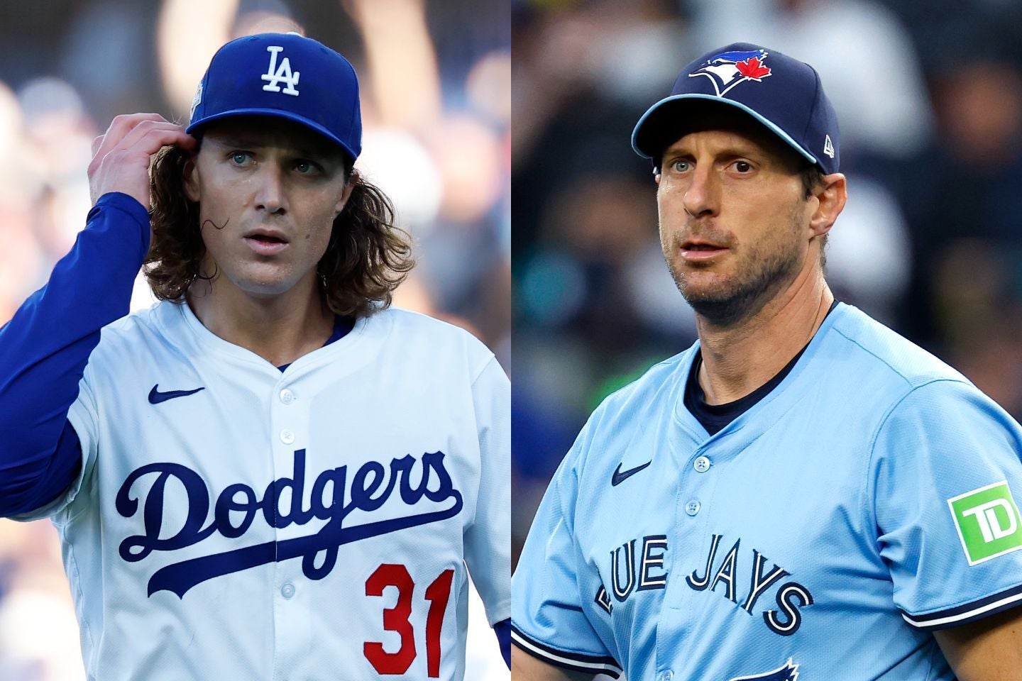 WS第3戦での先発が発表されているグラスノー(左)とシャーザー(右)。(C)Getty Images